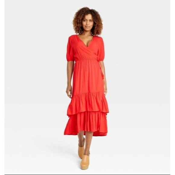 Women's Small Short Sleeve Wrap Dress Red Midi Knox Rose - Picture 1 of 4